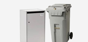 Heavy-duty paper trash container, lockable, and storage cabinet, lockable, to hold documents for shredding.