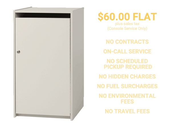 Storage console with text next to it; $60 fee plus tax (Console Service Only); NO contracts, hidden fees, environmental fees, surcharge fees, or travel fees. On-call service available.