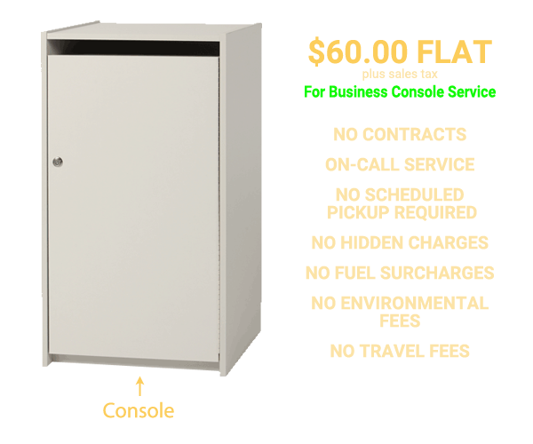 Storage console with text next to it; $60 fee plus tax (Console Service Only); NO contracts, hidden fees, environmental fees, surcharge fees, or travel fees. On-call service available.