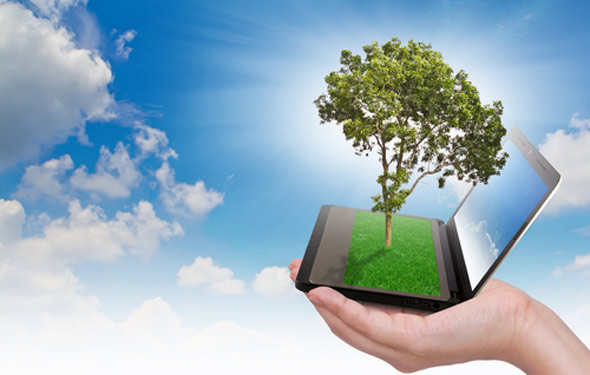 Laptop on palm with tree growing out of it against blue sky.